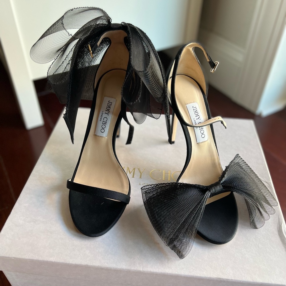 Jimmy Choo Black Tulle Bow Stiletto Heels